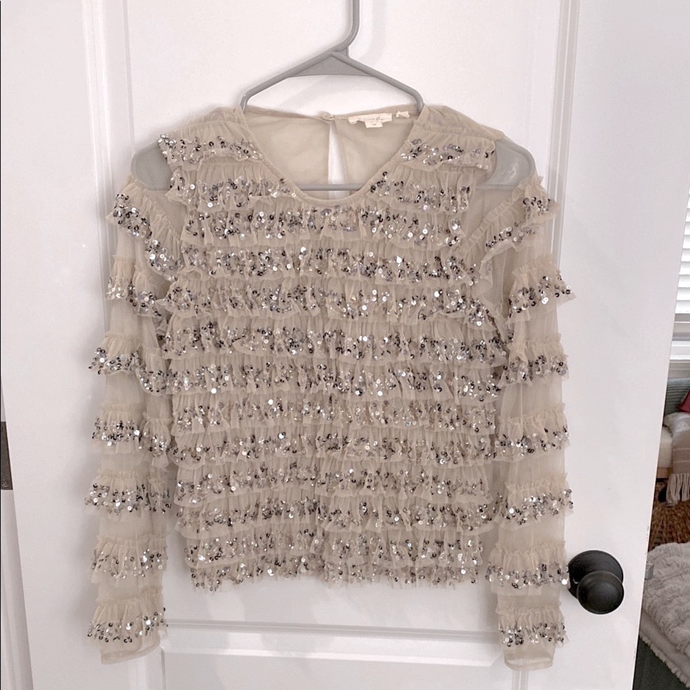 Ruffled Sequin Long Sleeve Mesh Blouse